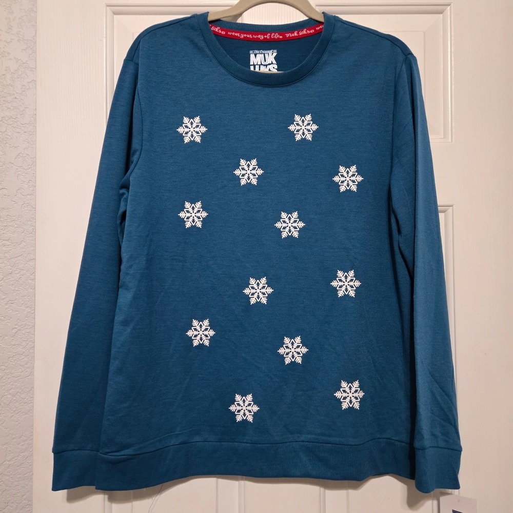 MUK LUKS Snowflake Crewneck Sweatshirt Winter Holiday‎ Teal Blue Womens M NWT